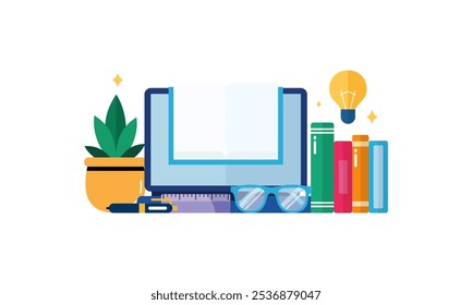 Online Learning Flat Design Illustration with Educational Tools for Education or Learning Template Concept
