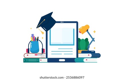 Online Learning Flat Design Illustration with Educational Tools for Education or Learning Template Concept