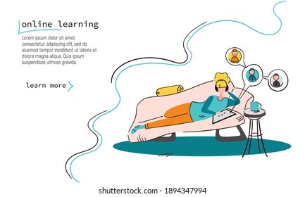 Online learning, flat doodle style. The woman sits at home and works or studies over the Internet. Distance learning concept. Vector linear illustration.