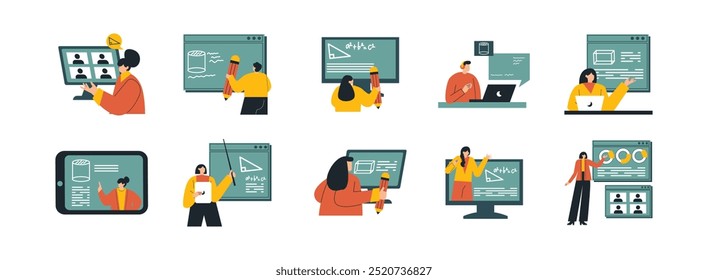 Online Learning flat illustration set. Include of online, student, computer, education, and course. Vector illustration isolated