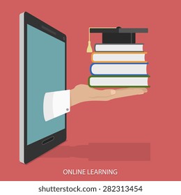 Online Learning Flat Isometric Vector Concept. Hand With Books and Square Academic Cap Appeared From Smartphone or Tablet.