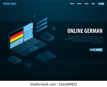 Online Learning German. Education concept, Online training, specialization, university studies. Isometric vector illustration