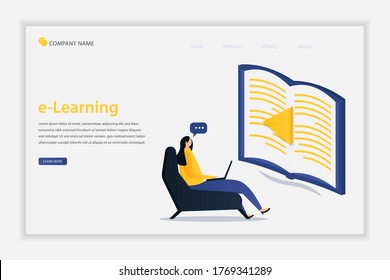 Online-Lernen mit einem riesigen Buch und Ikone-Spiel. Konzept der Menschen, die Internet-Webinare lernen. Lernende Schüler mit Tutorials. Geeignet für Landing-Page, Web, Flyer und Banner.
