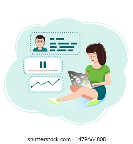 Online learning. The girl communicates with the teacher through chat, watching video lectures, lessons, tutorials, learning materials. The concept of distance technologies. Vector illustration.