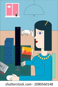 online learning, girl sits at computer with books, learns