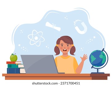 Online learning. Girl studying on computer. E-learning for kids landing page template. Online courses of preschool education, distance learning or homeschooling. Vector illustration