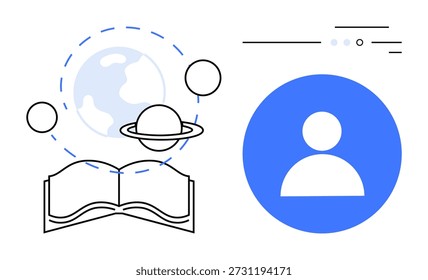 Aprendizaje en línea, educación global, intercambio de conocimientos, perfiles de usuario, e-learning . Libro abierto, globo con Elementos de órbita, icono de perfil con líneas. Aprendizaje en línea y diseño de educación global