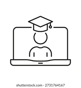 Icono de graduado de aprendizaje en línea. Símbolo de Esquema de Educación Virtual, Aprendizaje Electrónico y Graduación Remota. Aula Digital Y Logro Académico. Trazo Editable. Ilustración vectorial aislada.