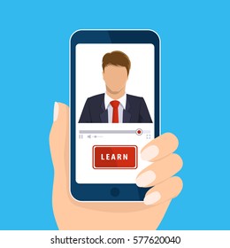 Online learning. Hand holding mobile isolated on blue. Vector vertical smart phone screen. E-learning, webinar, presentation concept. Teacher businessman, learn button. Flat design for web site, app