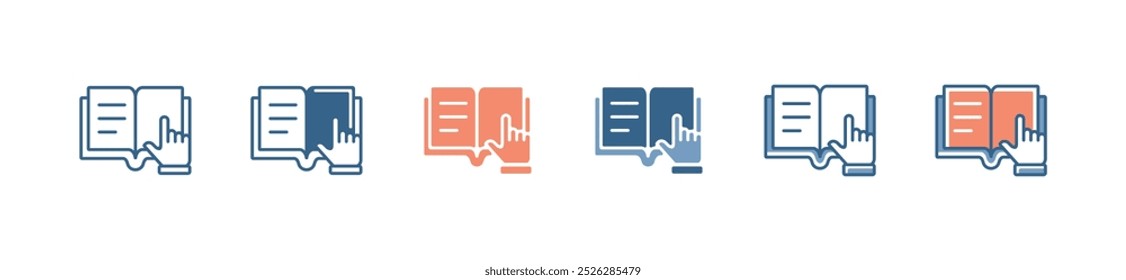 Aprendizaje en línea Apuntando con la mano Lea el conjunto de iconos del libro Aprendizaje de estudiantes Hacer clic Libro de negocios Diccionario de educación Literatura Guía de información de Ilustración vectorial Señales de instrucción para Web y App