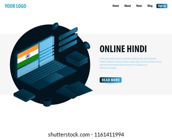 Online Learning Hindi. Education concept, Online training, specialization, university studies. Isometric vector illustration.