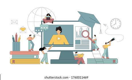 Online learning at home, e-learning concept. Flat people study remotely using the Internet and other modern gadgets. Vector isolated illustration on a white background in pastel colors.