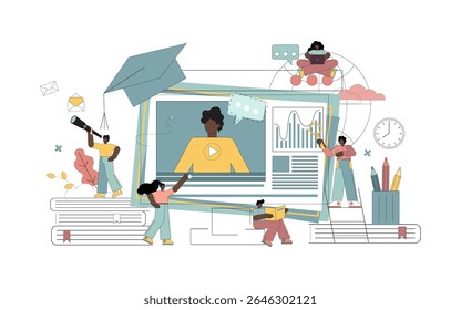 Aprendizagem em linha em casa, conceito de e-learning. Pessoas planas estudam remotamente usando a Internet e outros gadgets modernos