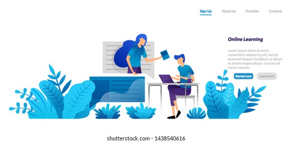 online learning from home with internet technology with professional mentors. video homeschooling. flat illustration concept for landing page, web, ui, banner, flyer, poster, template, background