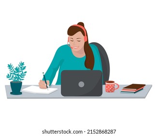 Online learning at home. Smiling student sitting at a table with a laptop, wearing headphones and writing in a notebook. Concept of online education. Flat vector illustration