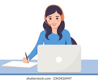 Online learning at home. Smiling student sitting at a table with a laptop, wearing headphones and writing in a notebook. Concept of online education. Flat vector illustration.
