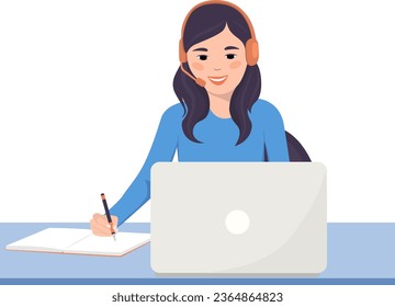 Online learning at home. Smiling student sitting at a table with a laptop, wearing headphones and writing in a notebook. Concept of online education. Vector illustration