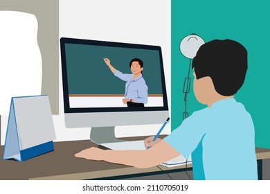 Online learning from home. Student learn a teacher from computer monitor in pandemic era. Technology communication for home schooling