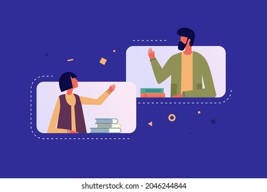 Online learning at home. Teacher and student web conference, vector illustration. Modern distance learning in an online classroom. A study from home using teleconferencing.