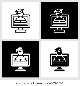 Icono de aprendizaje en línea con fondo blanco y negro