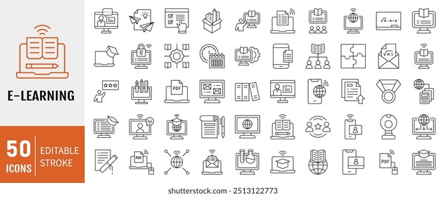 Online learning icon collection. Containing distance learning, virtual classroom, online course, e-learning icon. Simple line vector illustration.