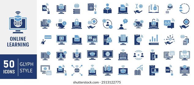 Online learning icon collection. Containing distance learning, virtual classroom, online course, e-learning icon. Simple flat vector illustration.