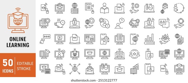 Online learning icon collection. Containing distance learning, virtual classroom, online course, e-learning icon. Simple line vector illustration.