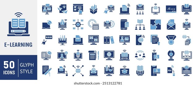 Online learning icon collection. Containing distance learning, virtual classroom, online course, e-learning icon. Simple flat vector illustration.