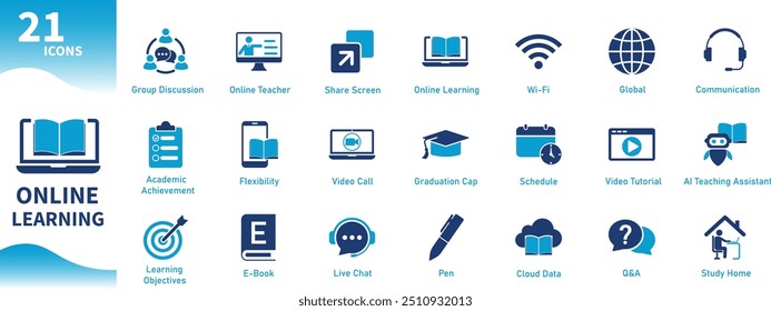 Icono de aprendizaje en línea. Colección de íconos de la educación, libros, computadoras, internet, educación en el hogar. Iconos sólidos del vector.