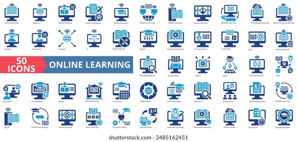 Online-Kollektion der Lernsymbole. Enthalten Fernunterricht, virtuelles Klassenzimmer, Blended Learning, Online-Kurs, E-Learning, Gamification, Homeschooling-Symbol. Einfache flache Vektorillustration.