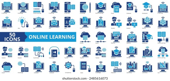 Online learning icon collection set. Containing knowledge, online, cloud, graduation, idea, mail, exam icon. Simple flat vector.