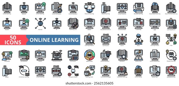 Online learning icon collection set. Containing knowledge, online, cloud, graduation, idea, mail, exam icon. Simple flat vector illustration