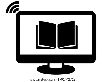 Online learning icon with computer and book.