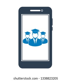 Online Learning Icon with graduate students on Mobile Screen Flat style vector EPS.