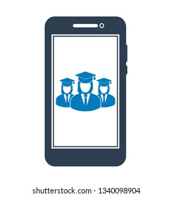 Online Learning Icon with graduate students on Mobile Screen Flat style vector EPS.