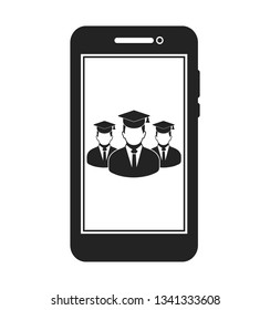 Online Learning Icon with graduate students on Mobile Screen Flat style vector EPS.