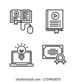 Icon set für Online-Lernen = Online-Buch, Tutorial-Buch, Laptop, Zertifikat