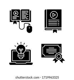 Online Learning icon set = online book, tutorial book, laptop, certificate