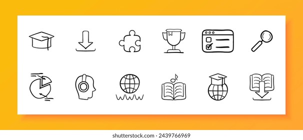 Online learning icon set. Book, video hosting, headphones, online call, smartphone, e-book. Black icon on a white background. Vector line icon for business and advertising