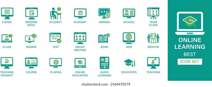 Online learning icon set collection. E book, reading book, student, academy, award, school, team class, degree, test, book, web and best solid icon set.