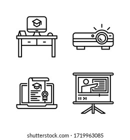 Online Learning icon set = Desk, Projector, Laptop, Presentation board