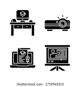 Online Learning icon set = Desk, Projector, Laptop, Presentation board
