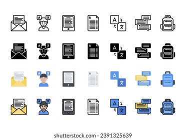 Juego de iconos de aprendizaje en línea, Juego de educación, carta, traductor, tablet, mochila y más