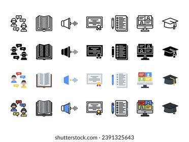 Juego de iconos de aprendizaje en línea, Juego de educación, conversación, audio, certificado, borrador, libro de audio, iconos