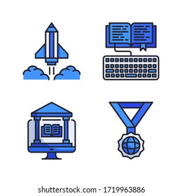 Online Learning icon set (Filled Line) = rocket pencil, home work, online library, medal