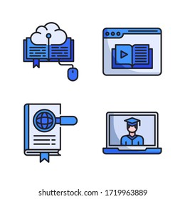 Online Learning icon set (Filled Line) = cloud book, ebook, encyclopedia, male student graduation