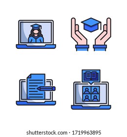 Online Learning icon set (Filled Line) = online graduation, scholarship, copywriting, video call