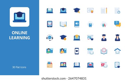 Conjunto de ícones de aprendizado on-line com estilo simples. Perfeito para IU, infográficos ou conteúdo de mídia social relacionados à educação ou e-learning.