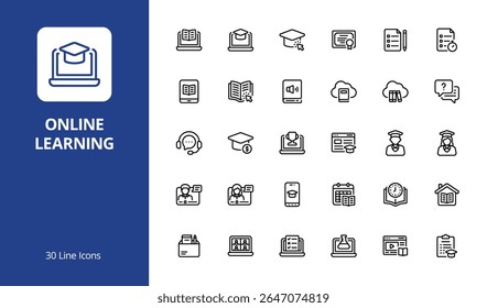 Conjunto de ícones de aprendizado online com estilo de linha. Perfeito para IU, infográficos ou conteúdo de mídia social relacionados à educação ou e-learning.