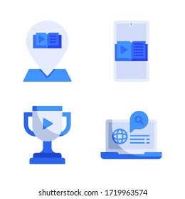 Icono de Aprendizaje en línea = ubicación de pines, libro de texto, trofeo en línea, sesión de laptop